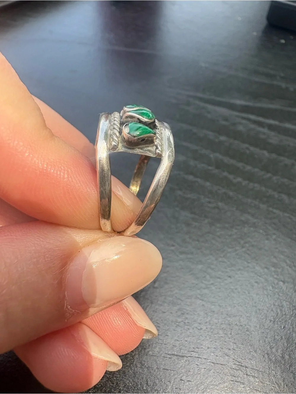 Vintage Navajo Sterling Silver Green Malachite 5 Stone Inlay Ring - Size 8.5